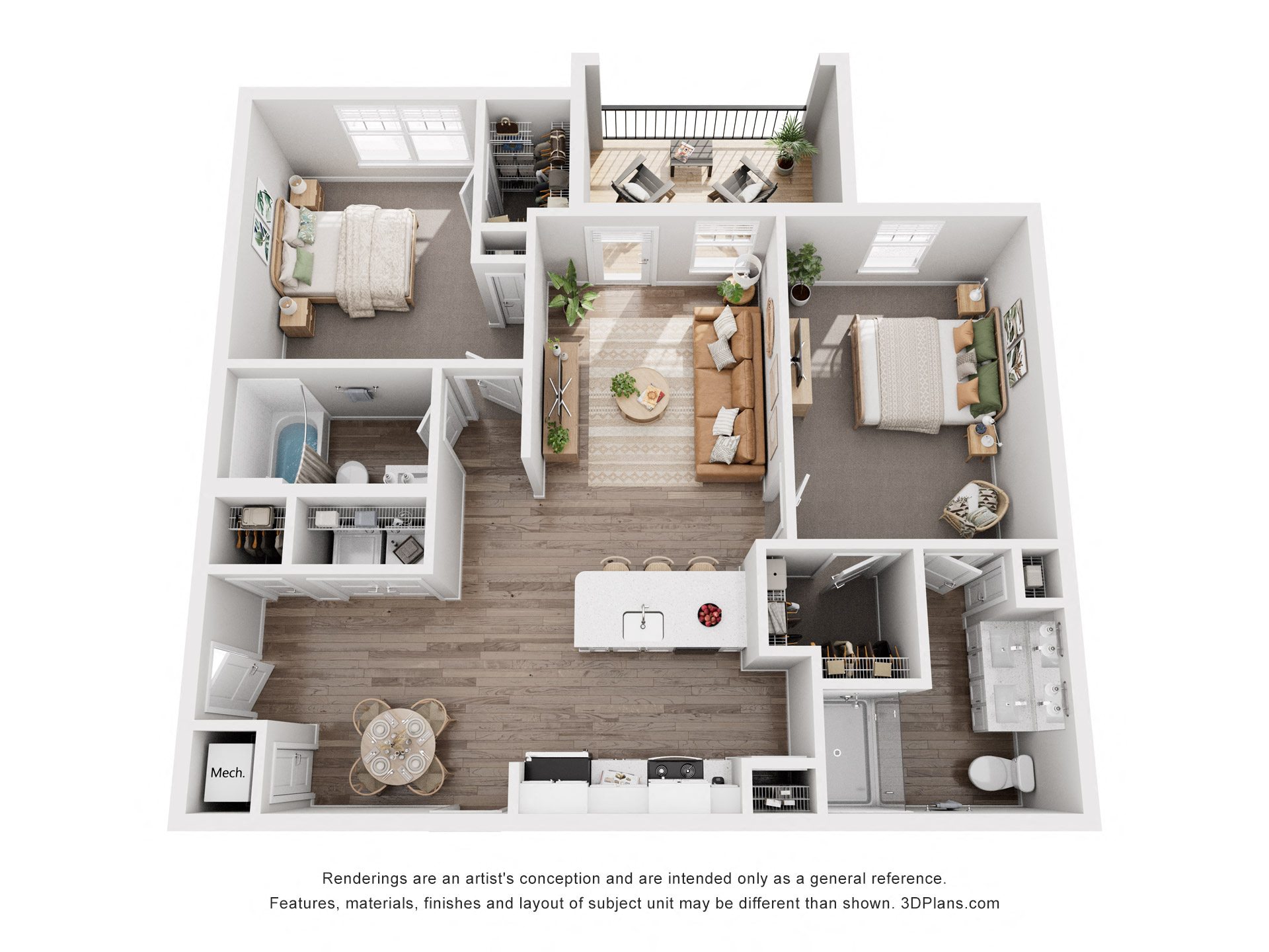 Floor plan for 2 beds, 2 baths, 1100 sqft